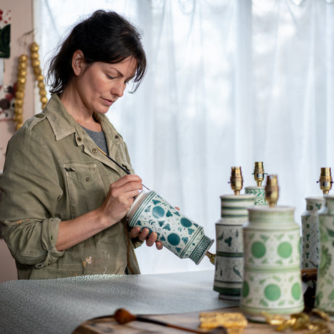 The Apothecary Table Lamp is hand painted by artist Sophie Coryndon who has designed six variations of this Renaissance inspired vessel.   Each of the six designs is limited to an edition of 30 with names which allude to their original medicinal contents.