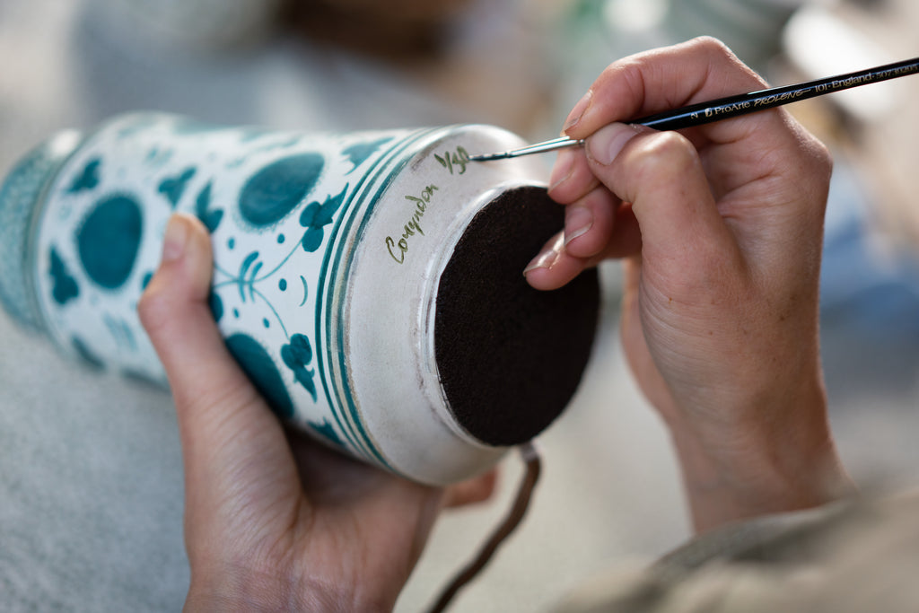 The Apothecary Table Lamp is hand painted by artist Sophie Coryndon who has designed six variations of this Renaissance inspired vessel. Each of the six designs is limited to an edition of 30. 
