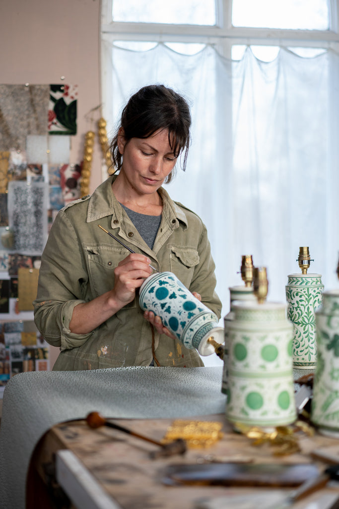 The Apothecary Table Lamp is hand painted by artist Sophie Coryndon who has designed six variations of this Renaissance inspired vessel. Each of the six designs is limited to an edition of 30. 